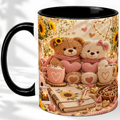 #pl[11oz|Black] Teddy Bear Sunflower Hearts Ceramic Mug