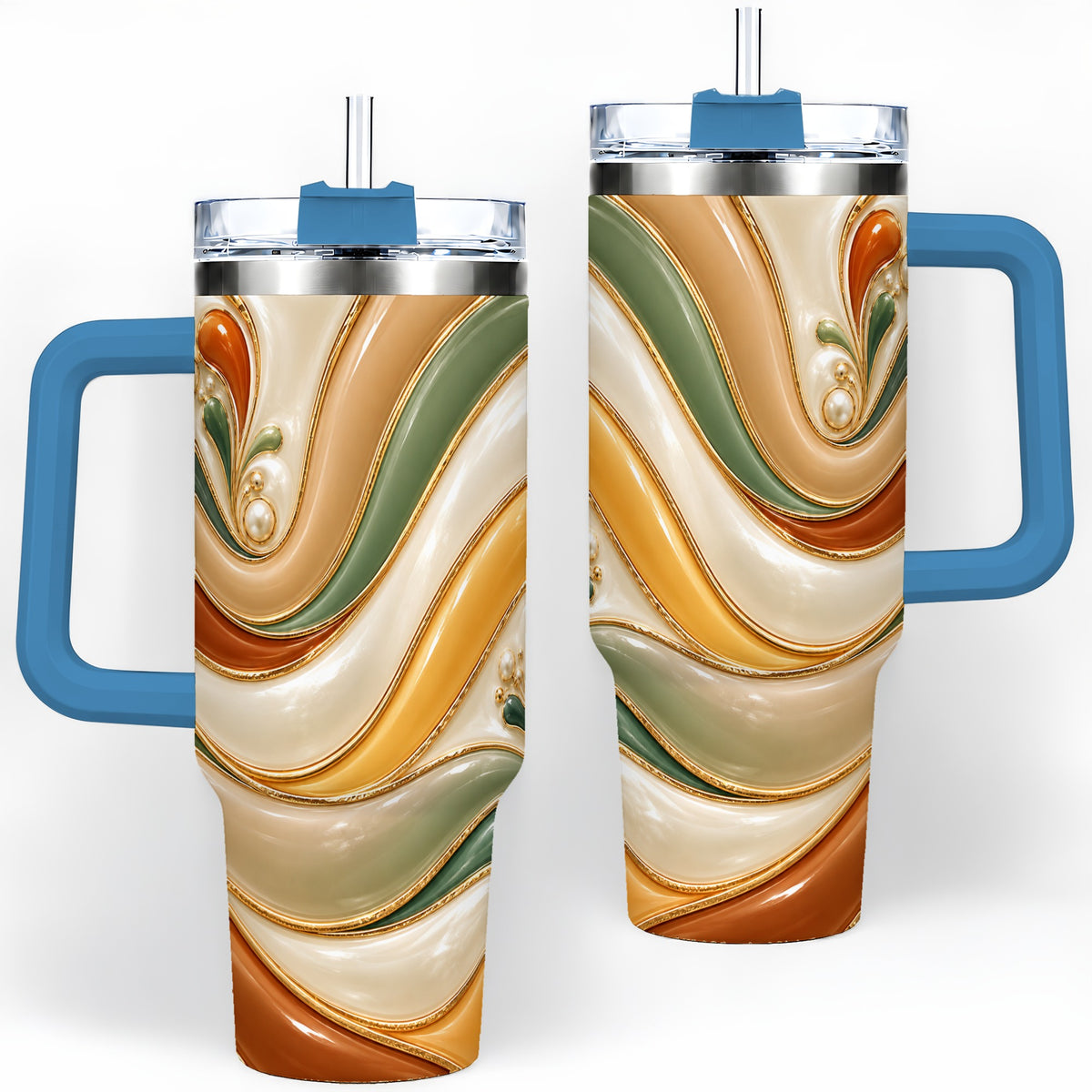#pl[40oz|Blue] Retro Abstract 40oz Tumbler, Wavy Earth Tone Drinkware for Art Lovers