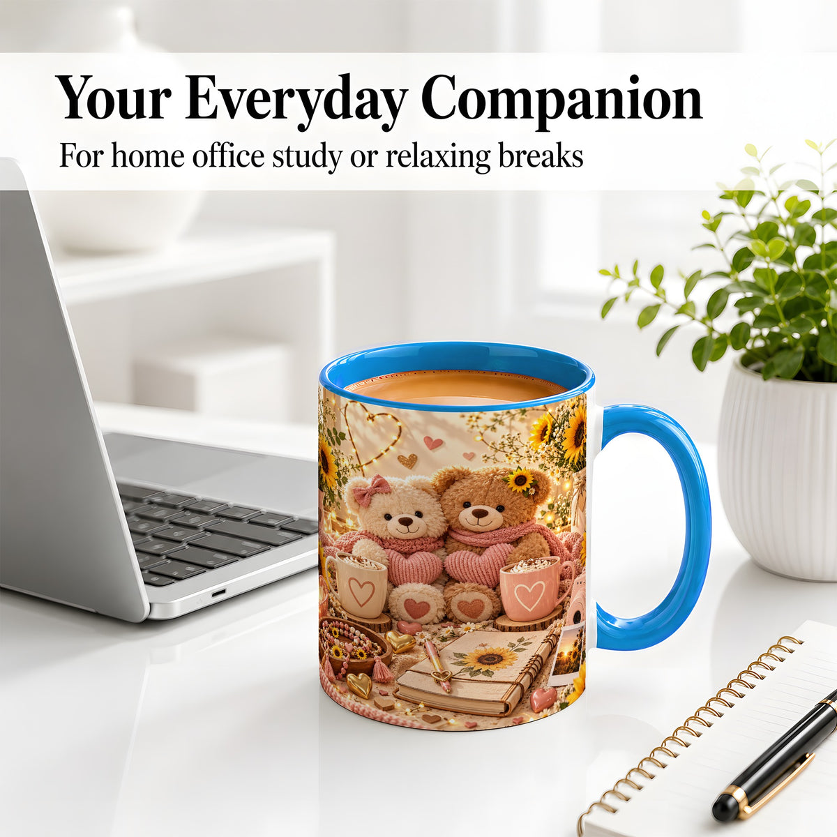 #pl[11oz|Blue] Teddy Bear Sunflower Hearts Ceramic Mug