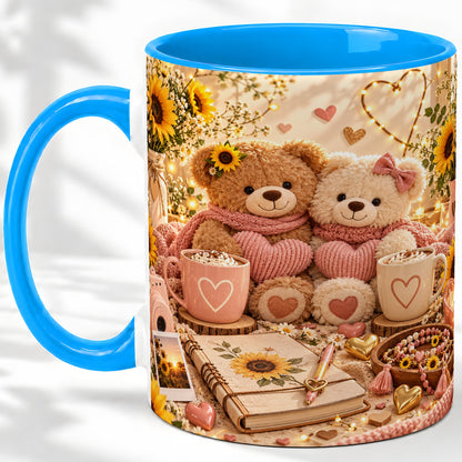 #pl[11oz|Blue] Teddy Bear Sunflower Hearts Ceramic Mug