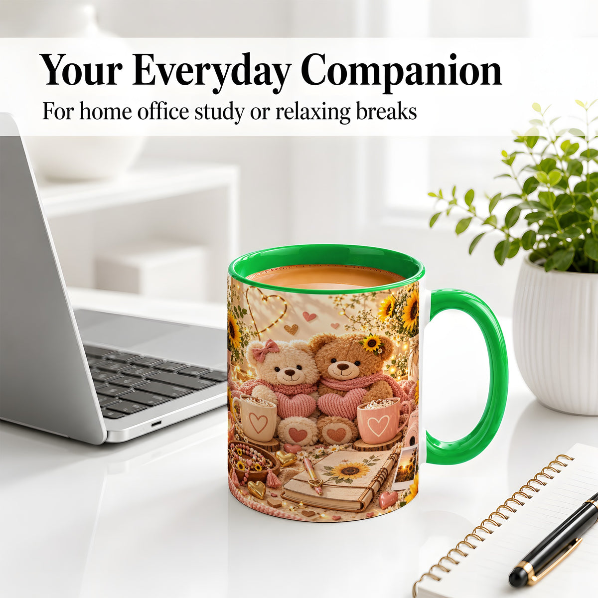 #pl[11oz|Green] Teddy Bear Sunflower Hearts Ceramic Mug