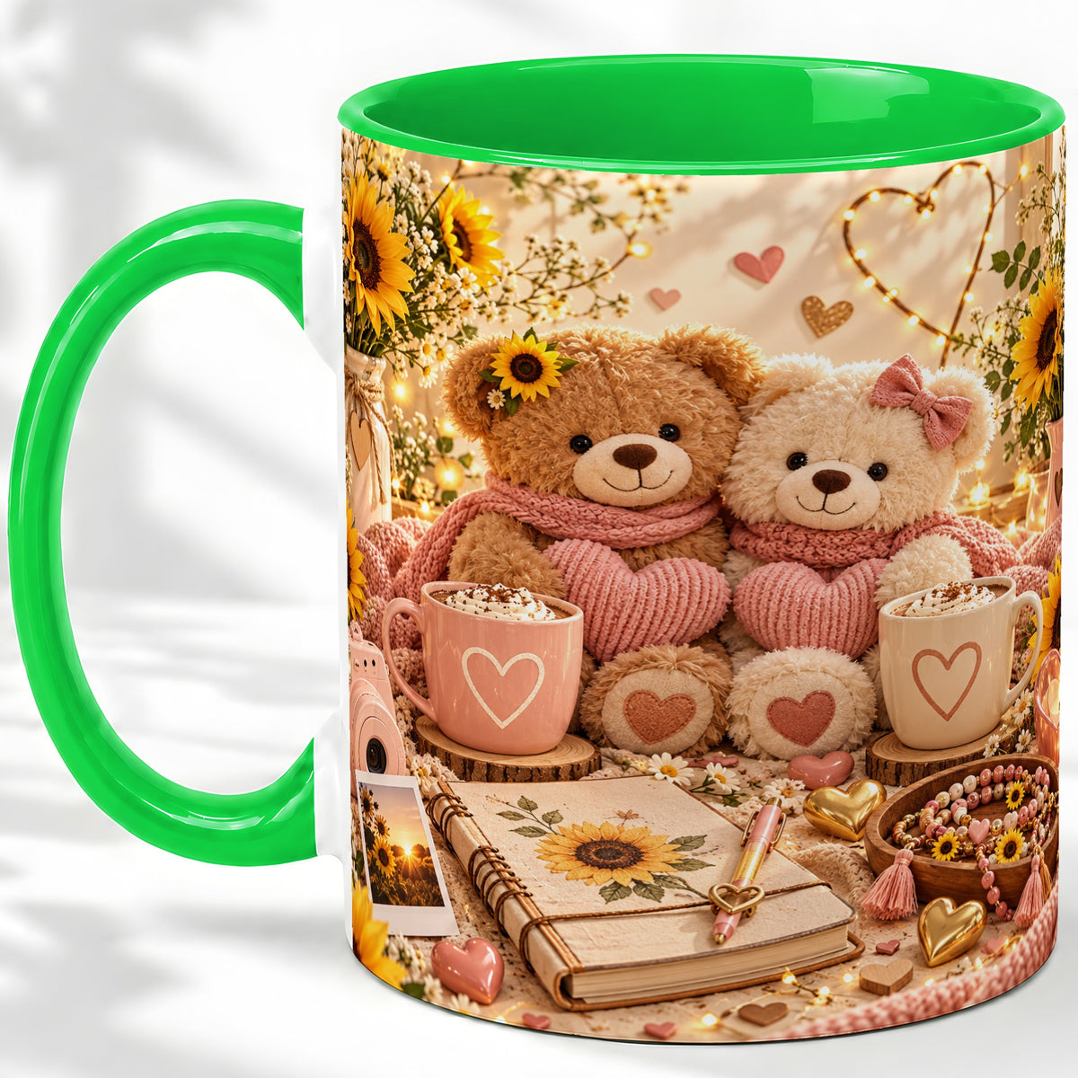 #pl[11oz|Green] Teddy Bear Sunflower Hearts Ceramic Mug