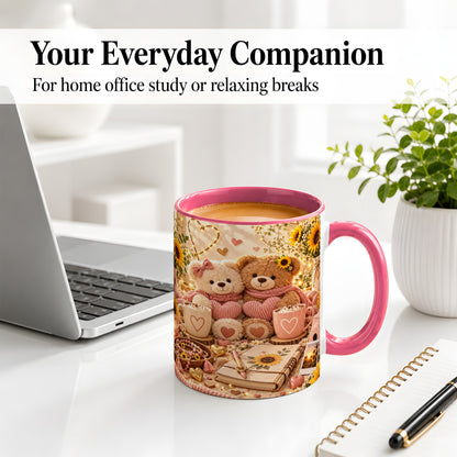 #pl[11oz|Pink] Teddy Bear Sunflower Hearts Ceramic Mug