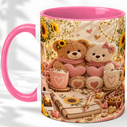 #pl[11oz|Pink] Teddy Bear Sunflower Hearts Ceramic Mug