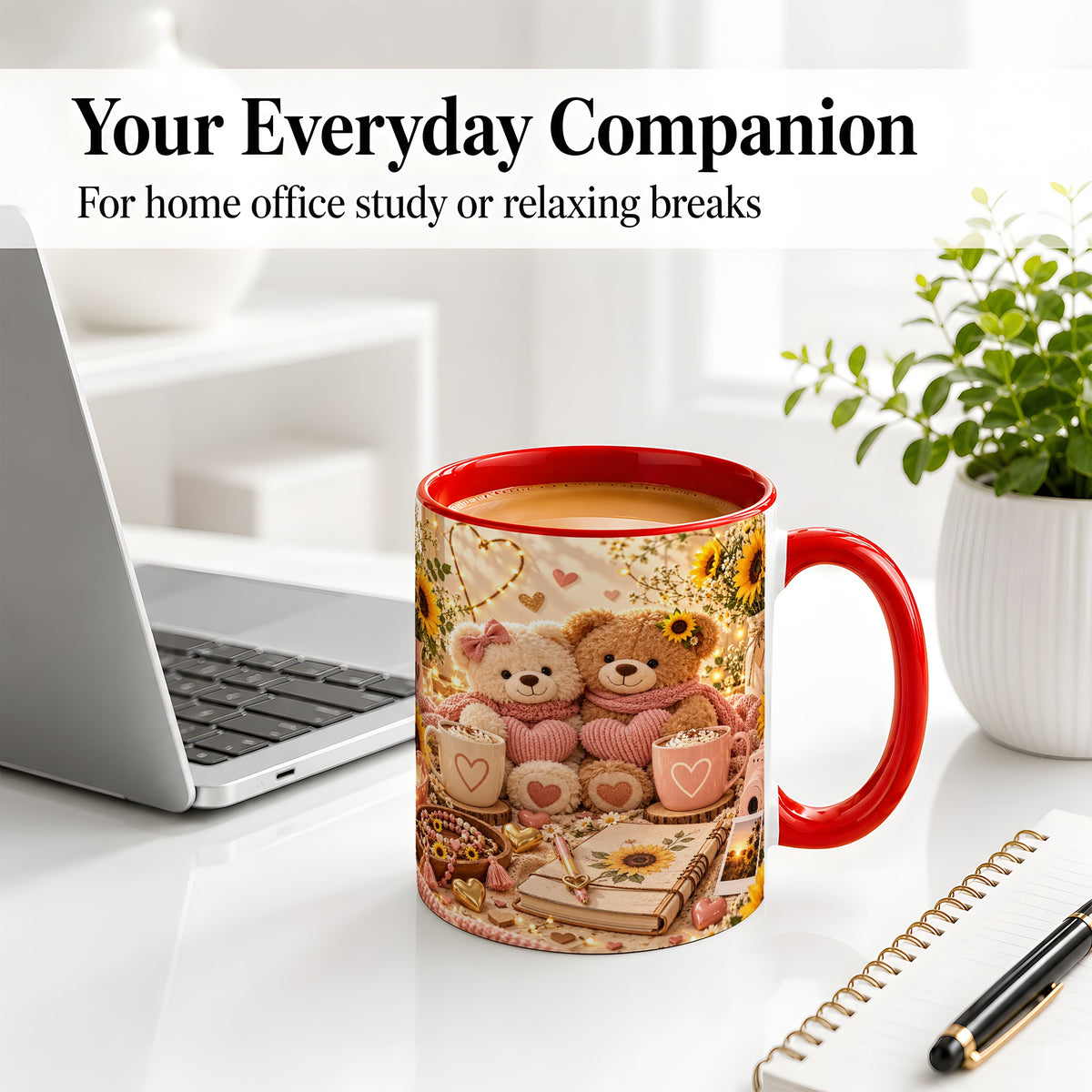 #pl[11oz|Red] Teddy Bear Sunflower Hearts Ceramic Mug