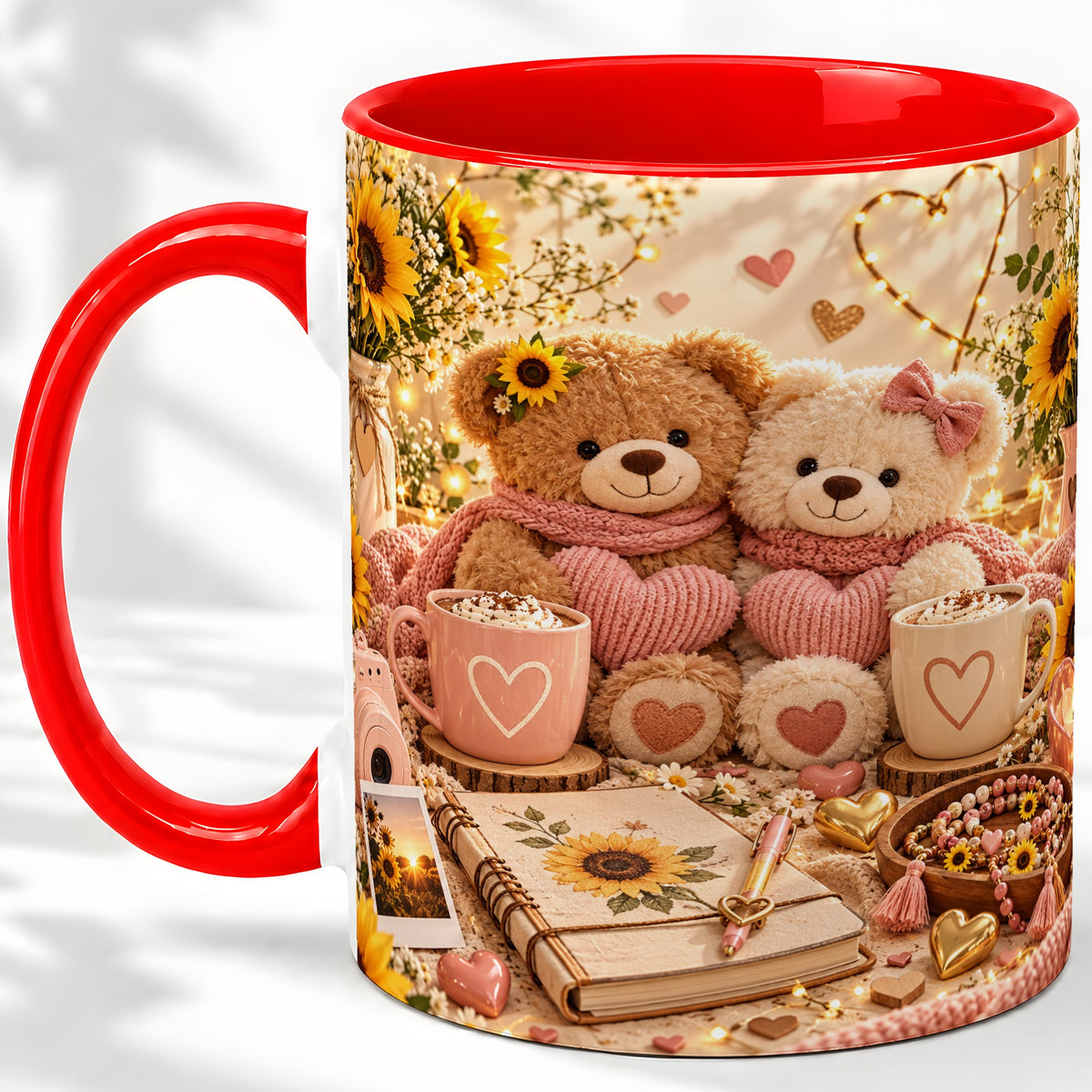 Teddy Bear Sunflower Hearts Ceramic Mug
