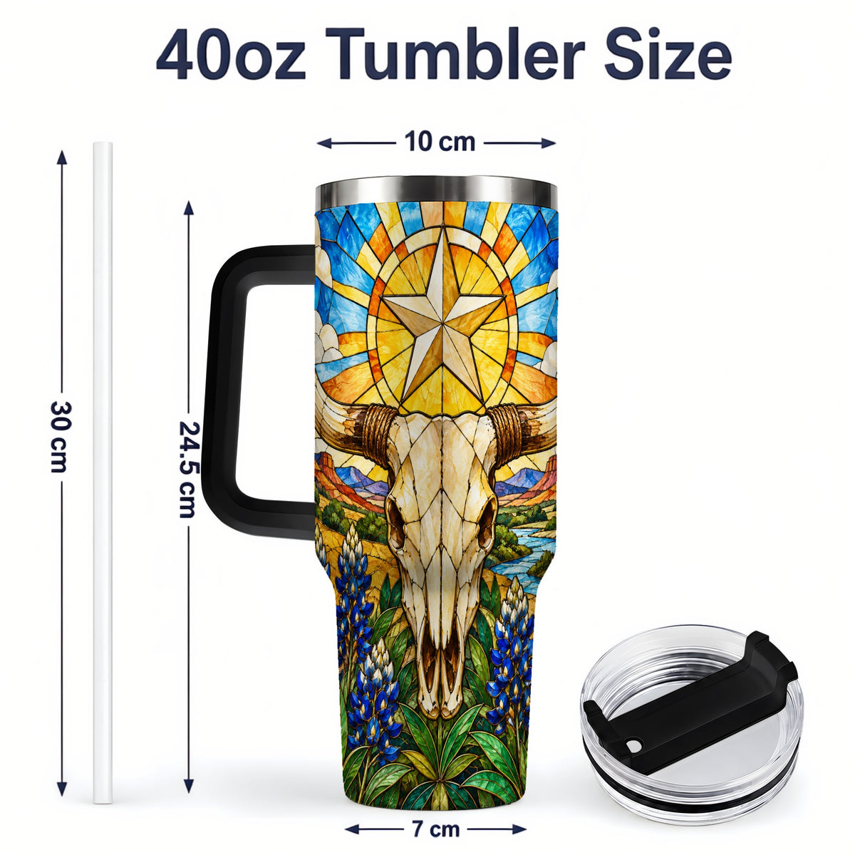 #pl[40oz|Black] Western Cattle Skull 40oz Tumbler, Blue Floral Design for Western Fans