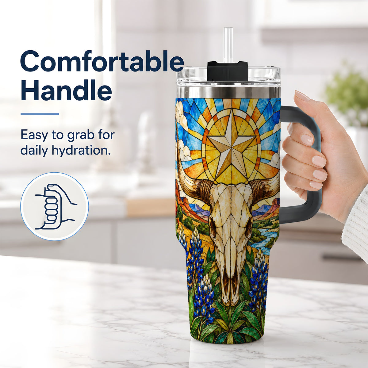 #pl[40oz|Black] Western Cattle Skull 40oz Tumbler, Blue Floral Design for Western Fans