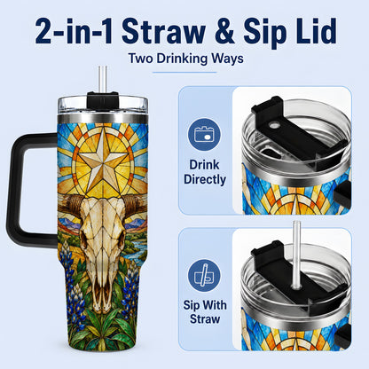 #pl[40oz|Black] Western Cattle Skull 40oz Tumbler, Blue Floral Design for Western Fans