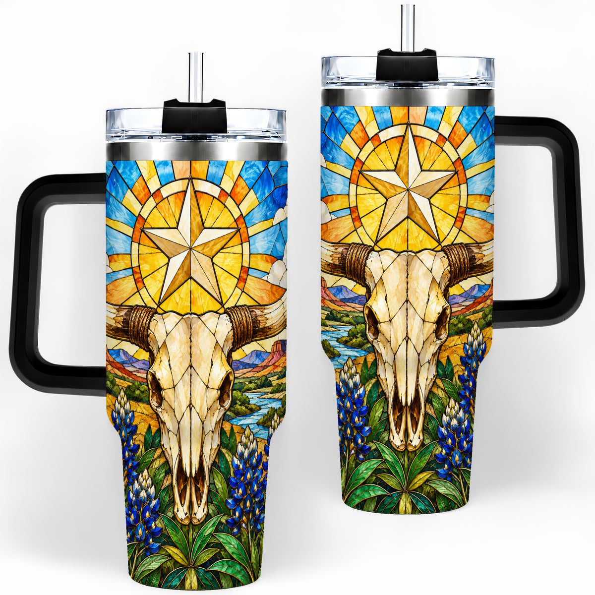 #pl[40oz|Black] Western Cattle Skull 40oz Tumbler, Blue Floral Design for Western Fans