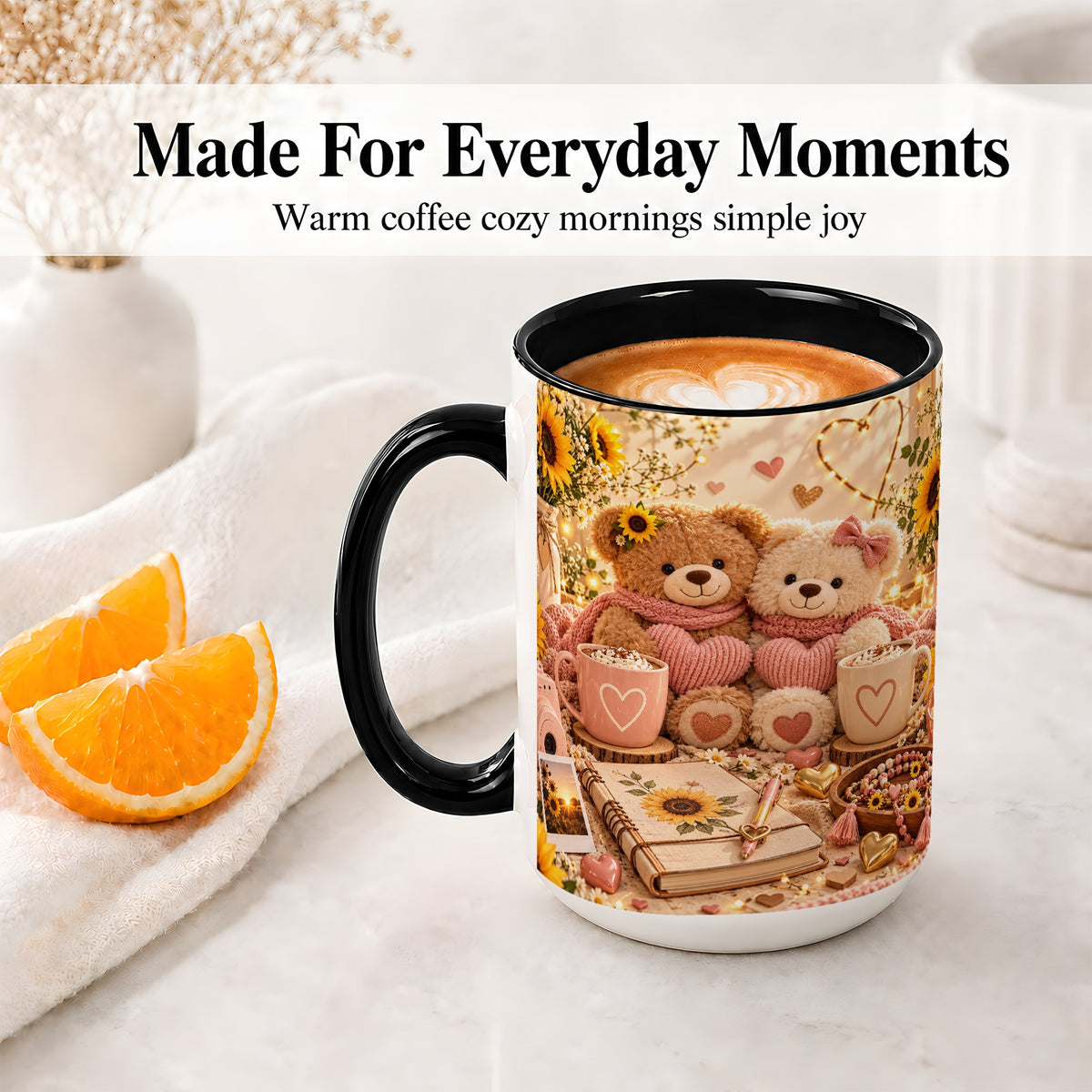 #pl[15oz|Black] Teddy Bear Sunflower Hearts Ceramic Mug
