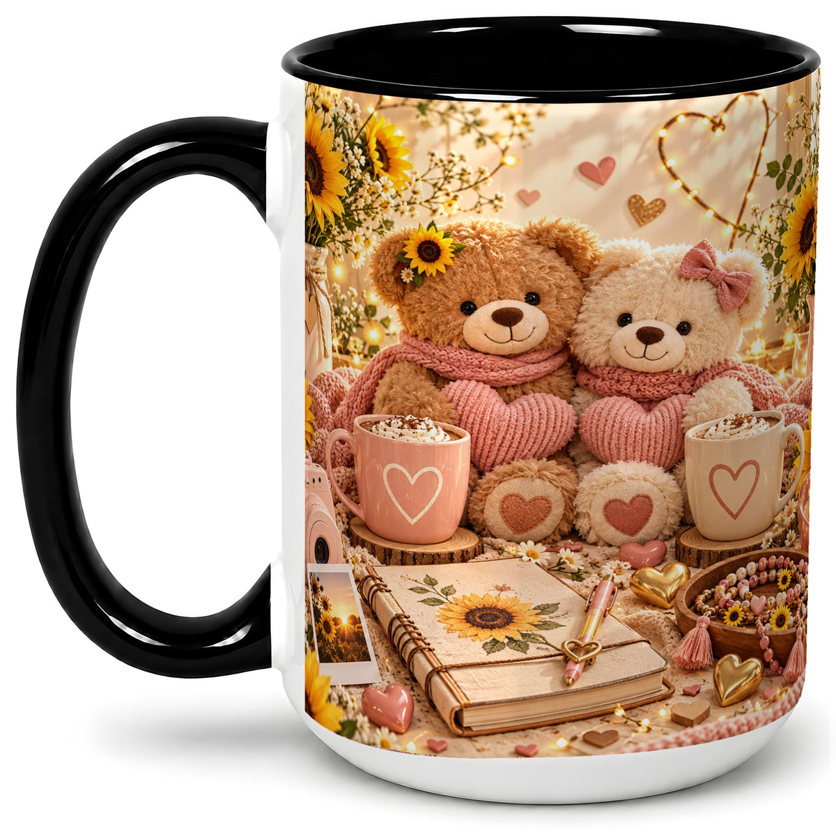 #pl[15oz|Black] Teddy Bear Sunflower Hearts Ceramic Mug