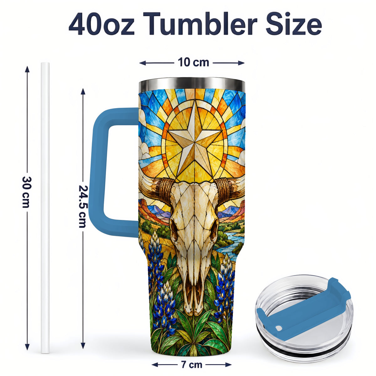 #pl[40oz|Blue] Western Cattle Skull 40oz Tumbler, Blue Floral Design for Western Fans