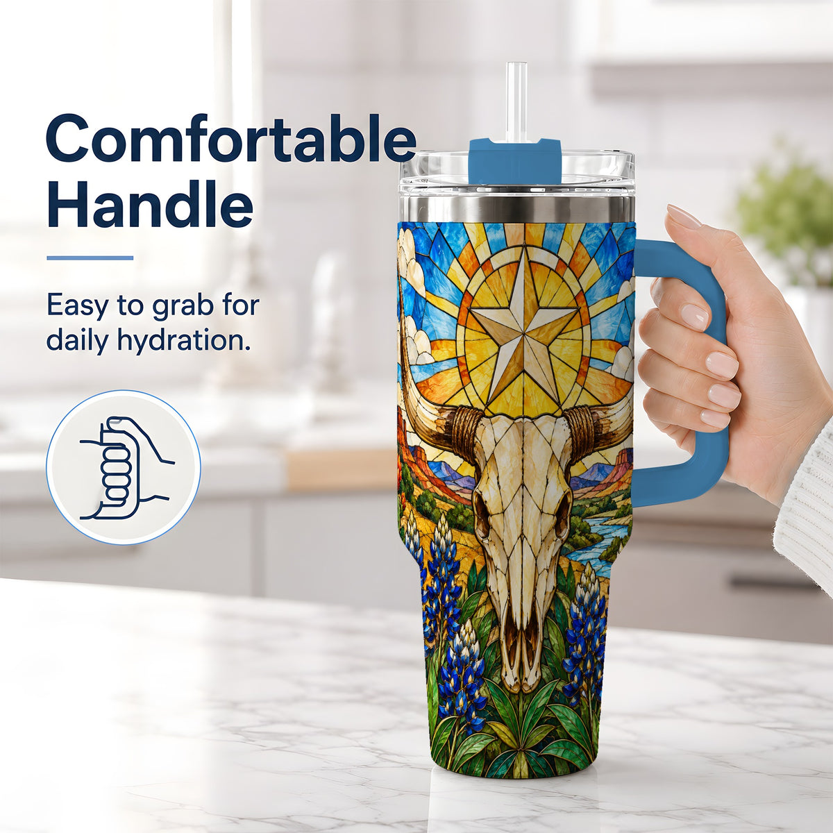 #pl[40oz|Blue] Western Cattle Skull 40oz Tumbler, Blue Floral Design for Western Fans