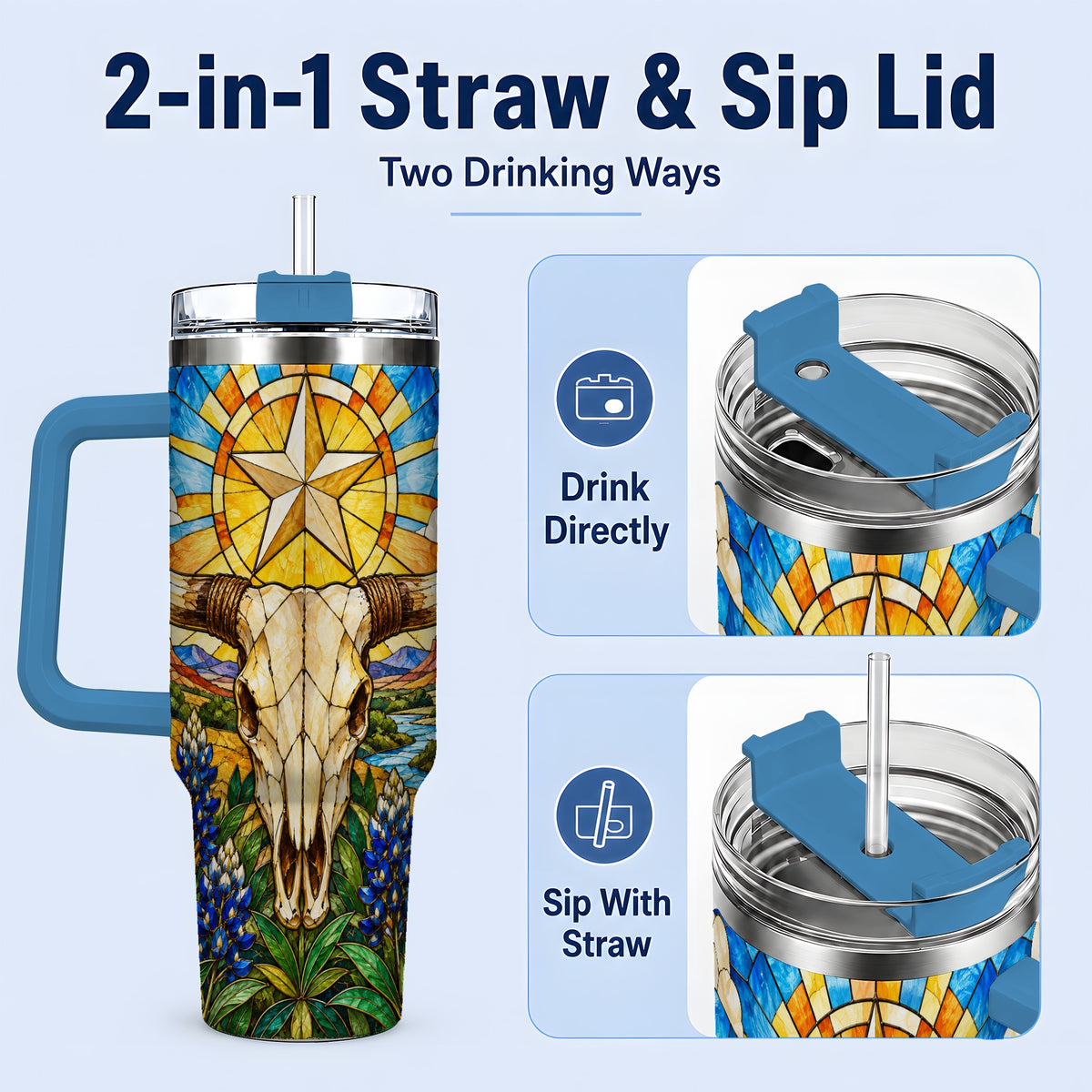 #pl[40oz|Blue] Western Cattle Skull 40oz Tumbler, Blue Floral Design for Western Fans