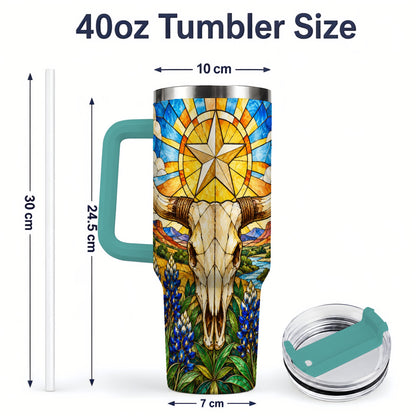 #pl[40oz|Green] Western Cattle Skull 40oz Tumbler, Blue Floral Design for Western Fans