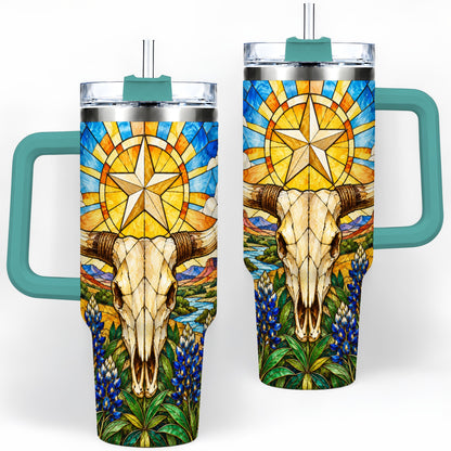 #pl[40oz|Green] Western Cattle Skull 40oz Tumbler, Blue Floral Design for Western Fans
