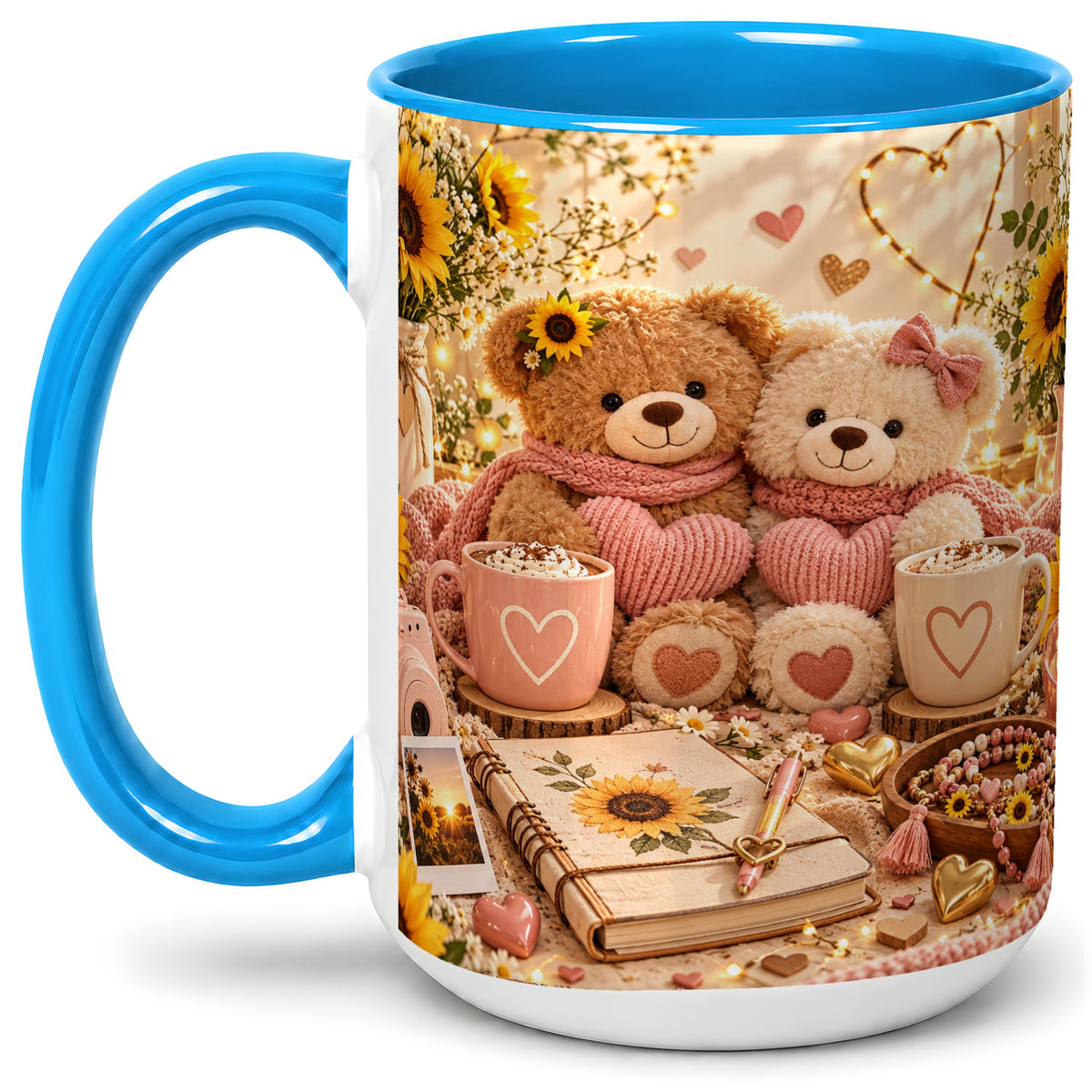 #pl[15oz|Blue] Teddy Bear Sunflower Hearts Ceramic Mug