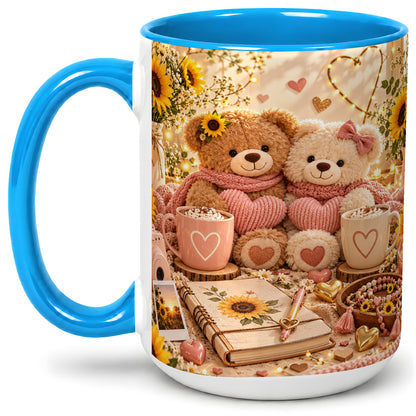 #pl[15oz|Blue] Teddy Bear Sunflower Hearts Ceramic Mug
