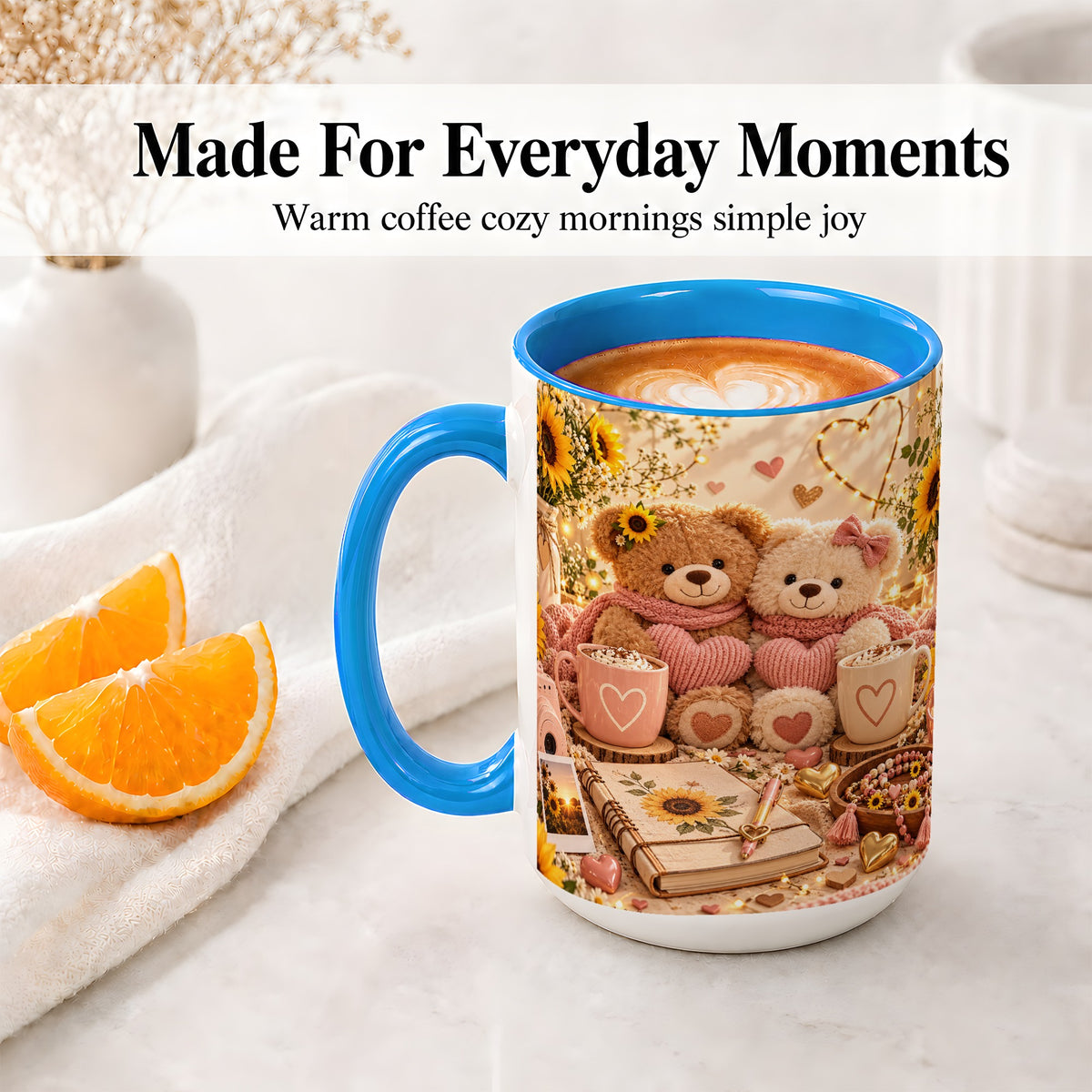 #pl[15oz|Blue] Teddy Bear Sunflower Hearts Ceramic Mug