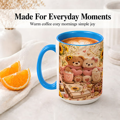 #pl[15oz|Blue] Teddy Bear Sunflower Hearts Ceramic Mug
