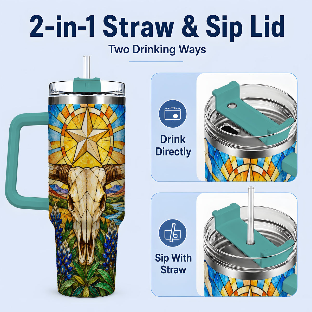 #pl[40oz|Green] Western Cattle Skull 40oz Tumbler, Blue Floral Design for Western Fans