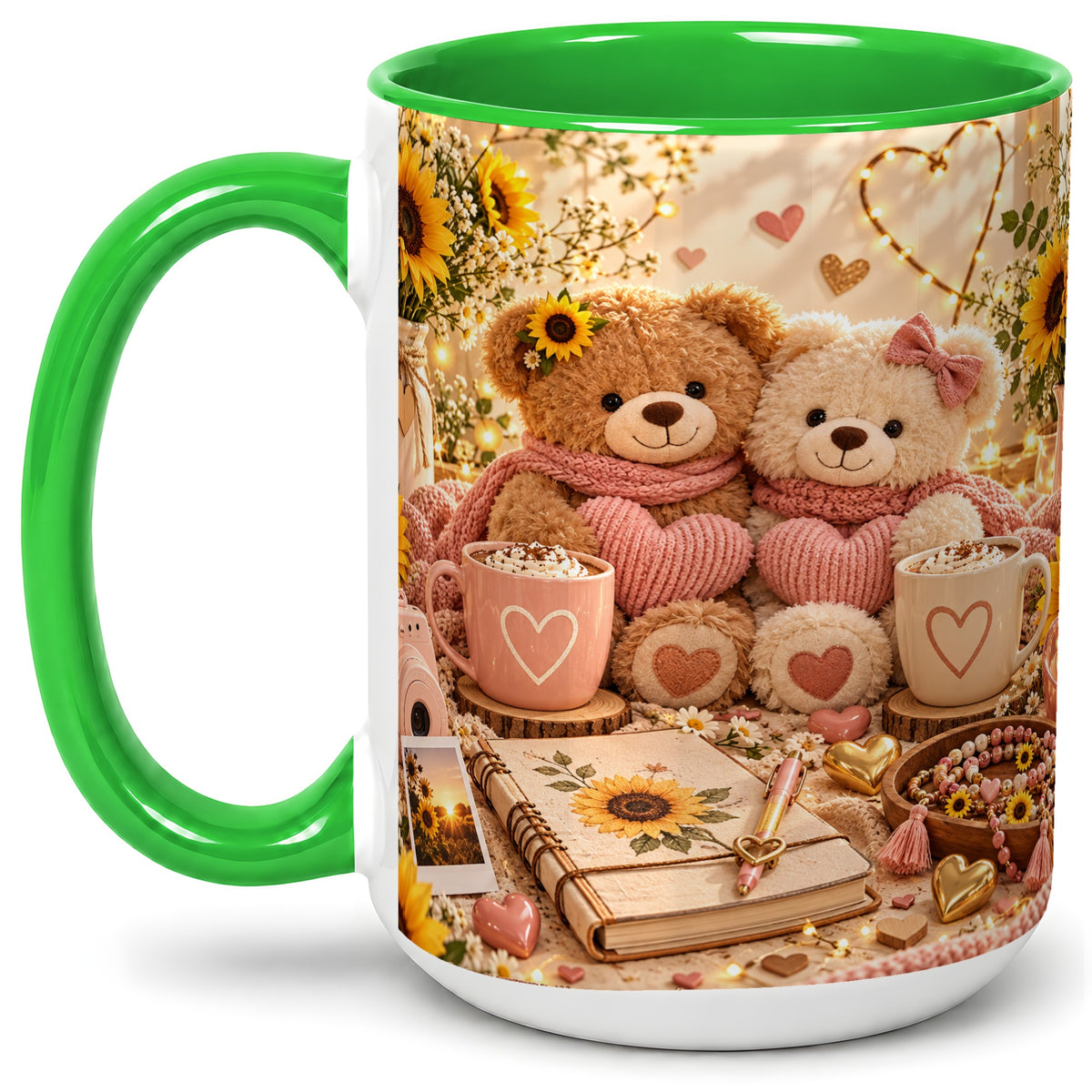 #pl[15oz|Green] Teddy Bear Sunflower Hearts Ceramic Mug