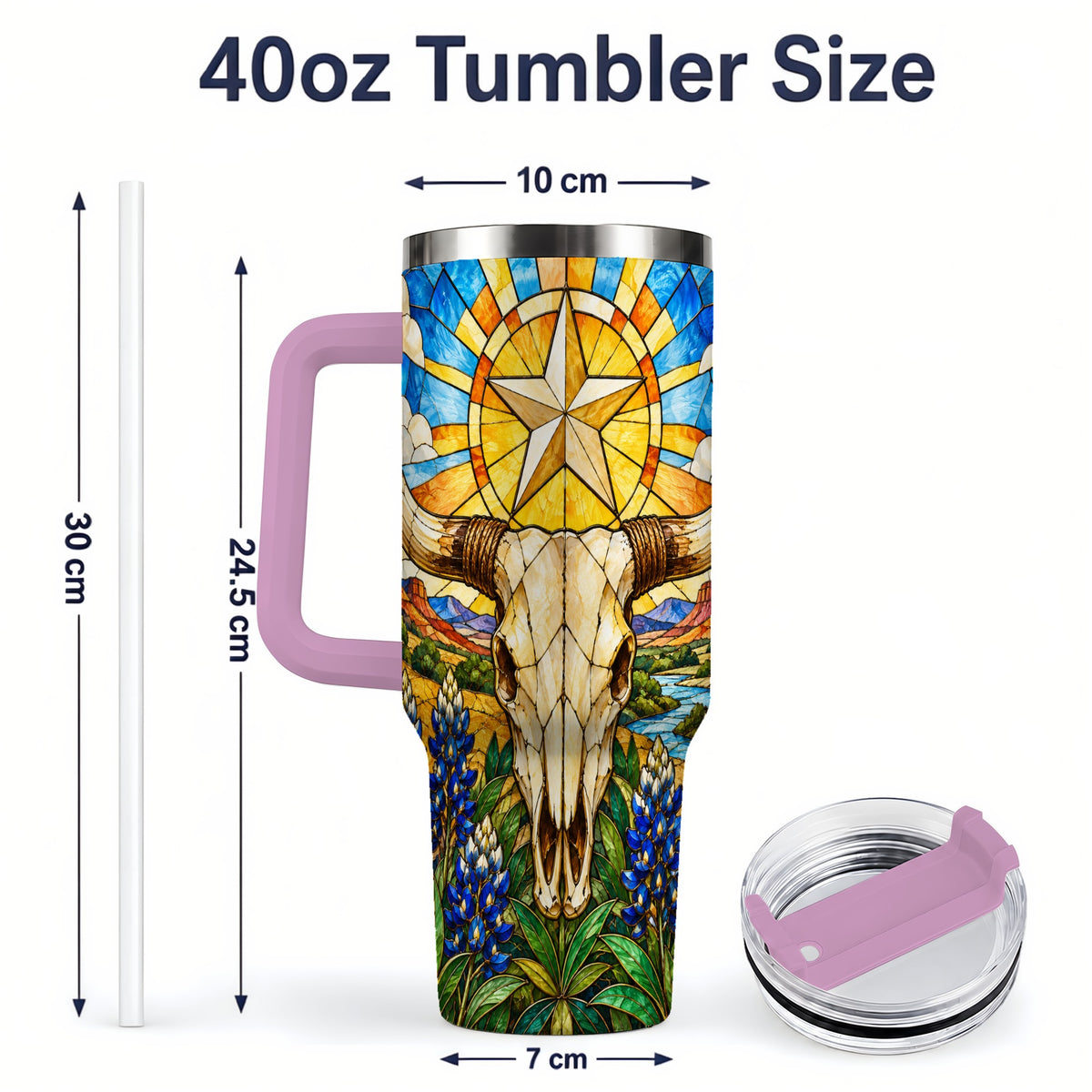 #pl[40oz|Pink] Western Cattle Skull 40oz Tumbler, Blue Floral Design for Western Fans