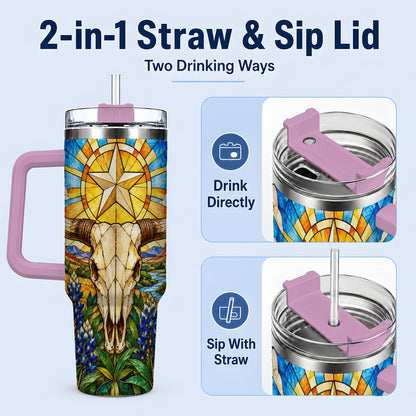 #pl[40oz|Pink] Western Cattle Skull 40oz Tumbler, Blue Floral Design for Western Fans