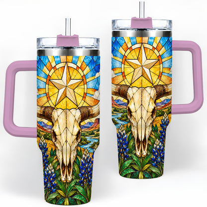 #pl[40oz|Pink] Western Cattle Skull 40oz Tumbler, Blue Floral Design for Western Fans