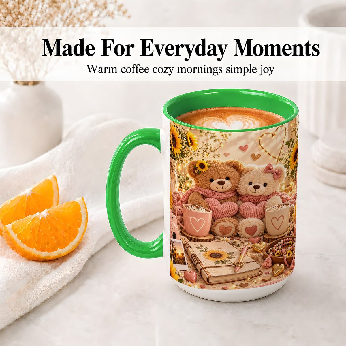 #pl[15oz|Green] Teddy Bear Sunflower Hearts Ceramic Mug