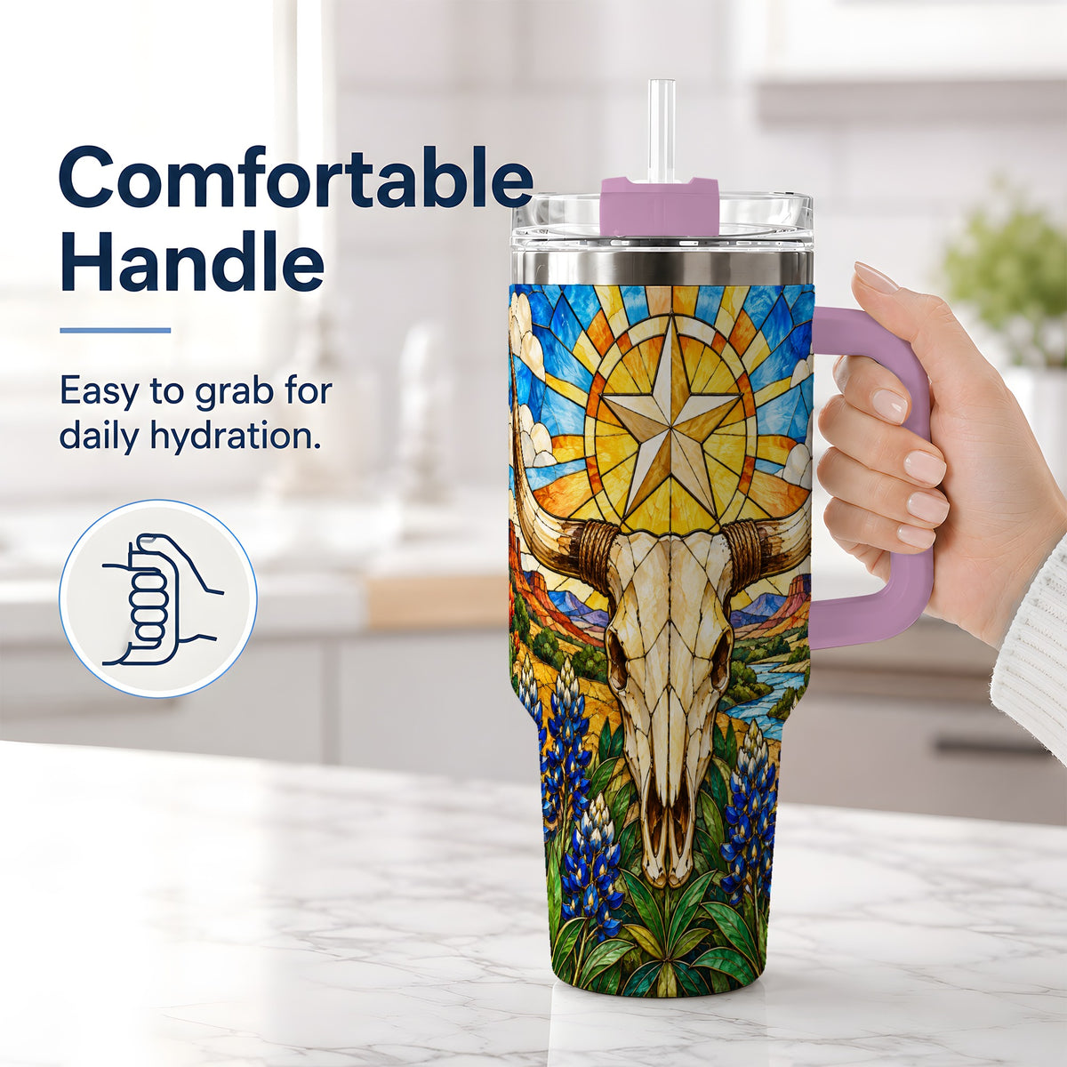 #pl[40oz|Pink] Western Cattle Skull 40oz Tumbler, Blue Floral Design for Western Fans