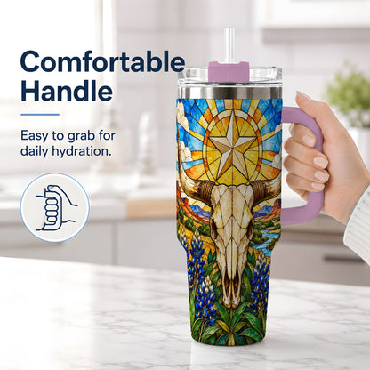 #pl[40oz|Pink] Western Cattle Skull 40oz Tumbler, Blue Floral Design for Western Fans