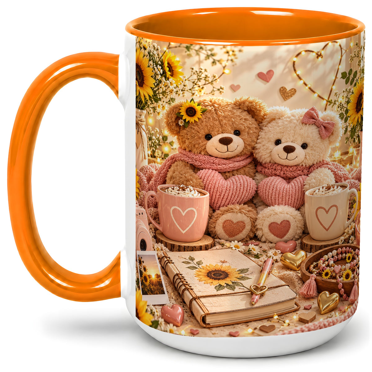 #pl[15oz|Orange] Teddy Bear Sunflower Hearts Ceramic Mug