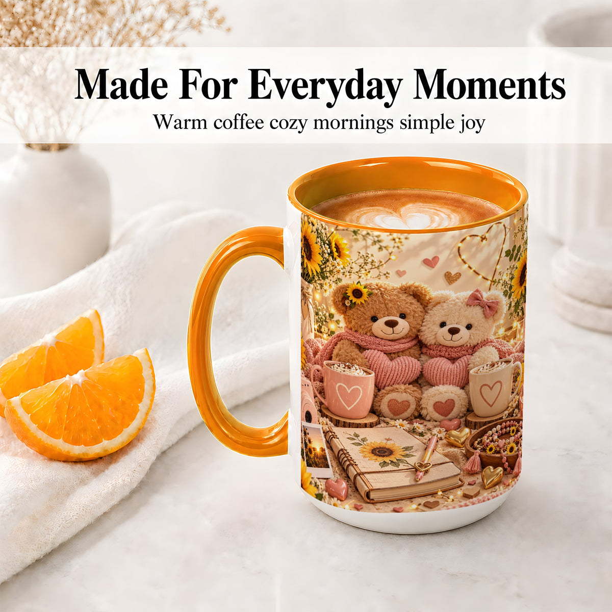 #pl[15oz|Orange] Teddy Bear Sunflower Hearts Ceramic Mug