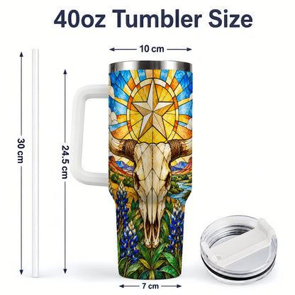 #pl[40oz|White] Western Cattle Skull 40oz Tumbler, Blue Floral Design for Western Fans