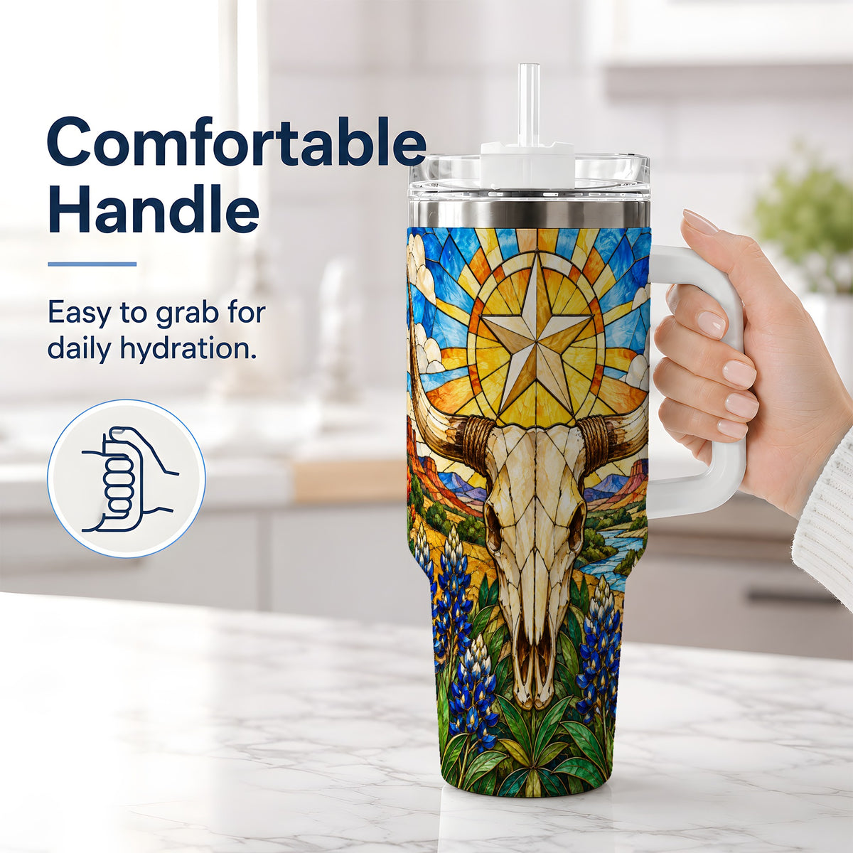 #pl[40oz|White] Western Cattle Skull 40oz Tumbler, Blue Floral Design for Western Fans