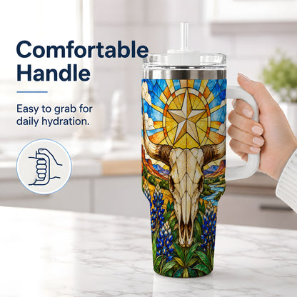 #pl[40oz|White] Western Cattle Skull 40oz Tumbler, Blue Floral Design for Western Fans