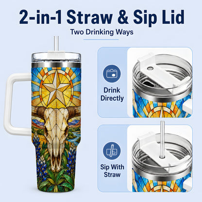 #pl[40oz|White] Western Cattle Skull 40oz Tumbler, Blue Floral Design for Western Fans