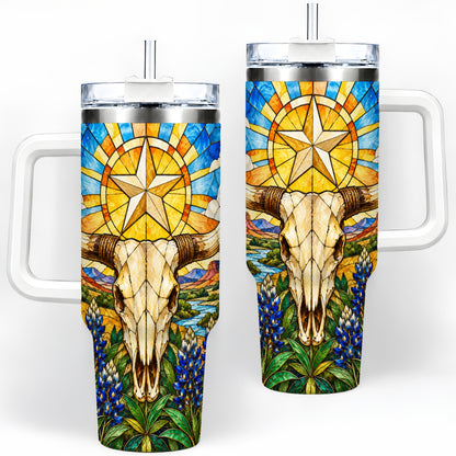 Western Cattle Skull 40oz Tumbler, Blue Floral Design for Western Fans