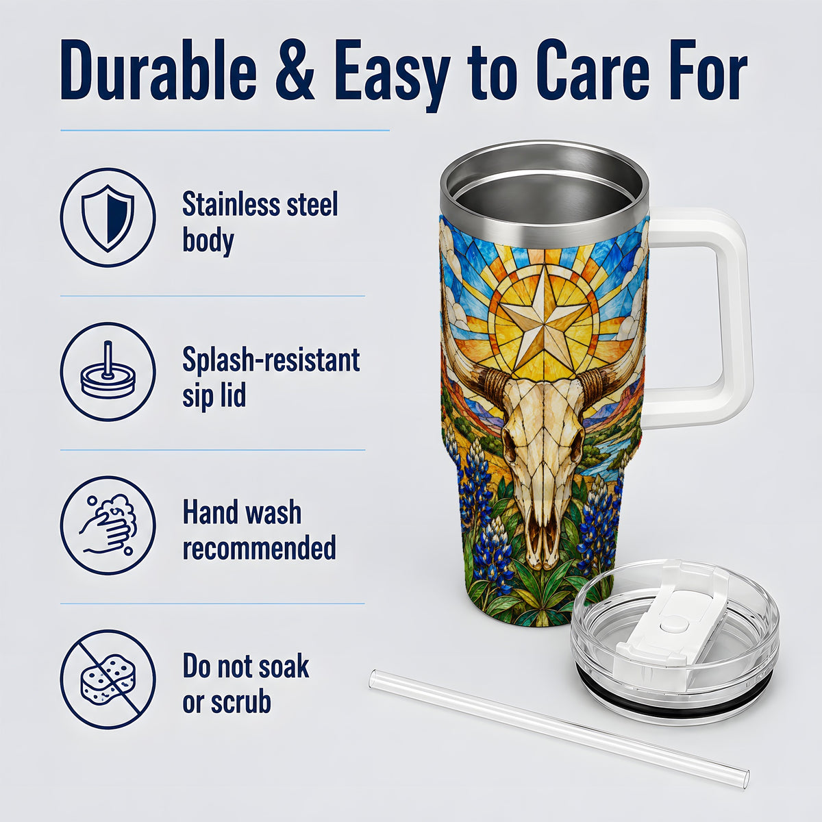 Western Cattle Skull 40oz Tumbler, Blue Floral Design for Western Fans