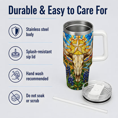 Western Cattle Skull 40oz Tumbler, Blue Floral Design for Western Fans