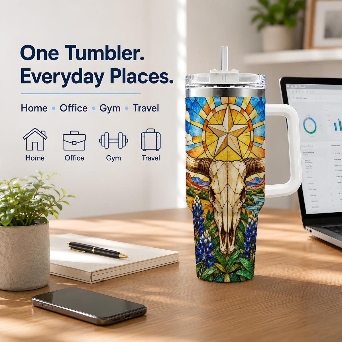 Western Cattle Skull 40oz Tumbler, Blue Floral Design for Western Fans