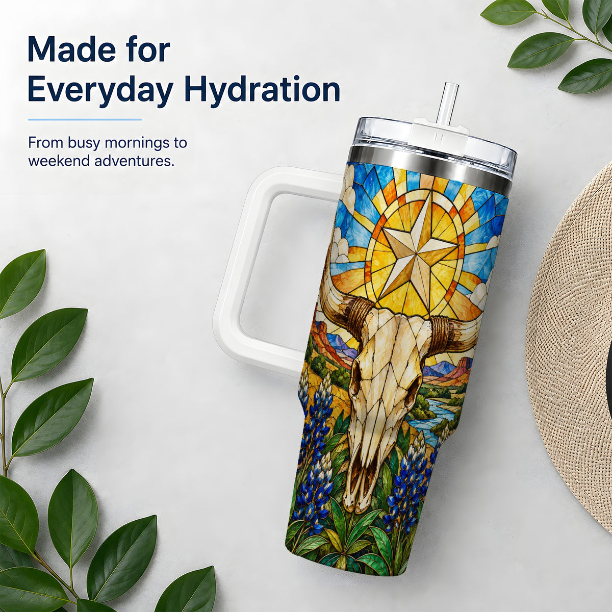 Western Cattle Skull 40oz Tumbler, Blue Floral Design for Western Fans
