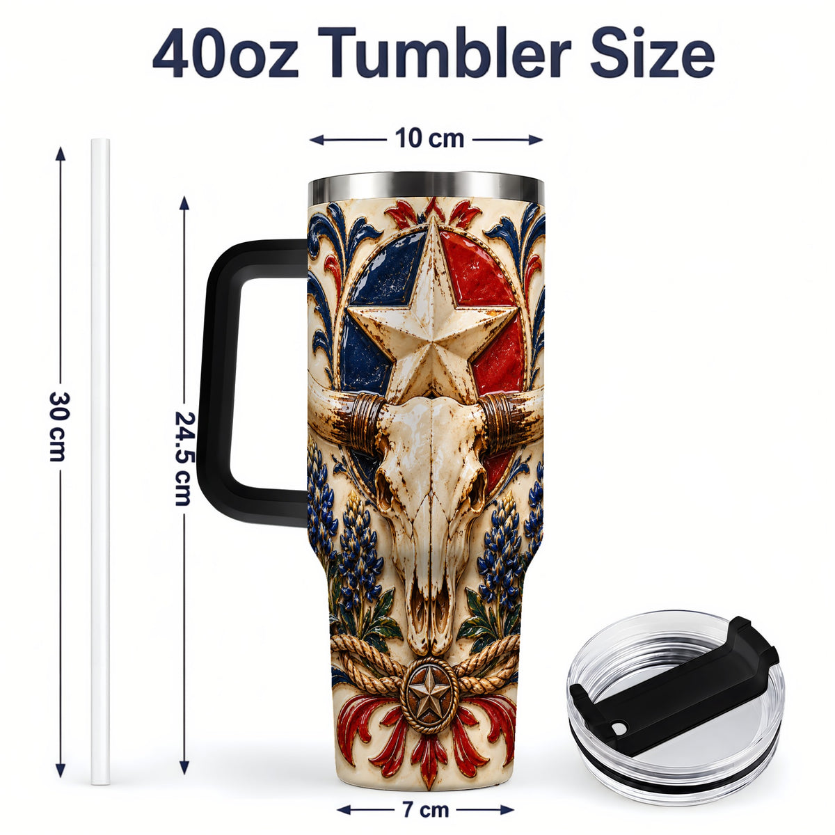 #pl[40oz|Black] Western Cattle Skull 40oz Tumbler, Star Floral Design for Western Fans