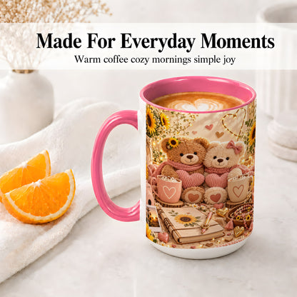 #pl[15oz|Pink] Teddy Bear Sunflower Hearts Ceramic Mug