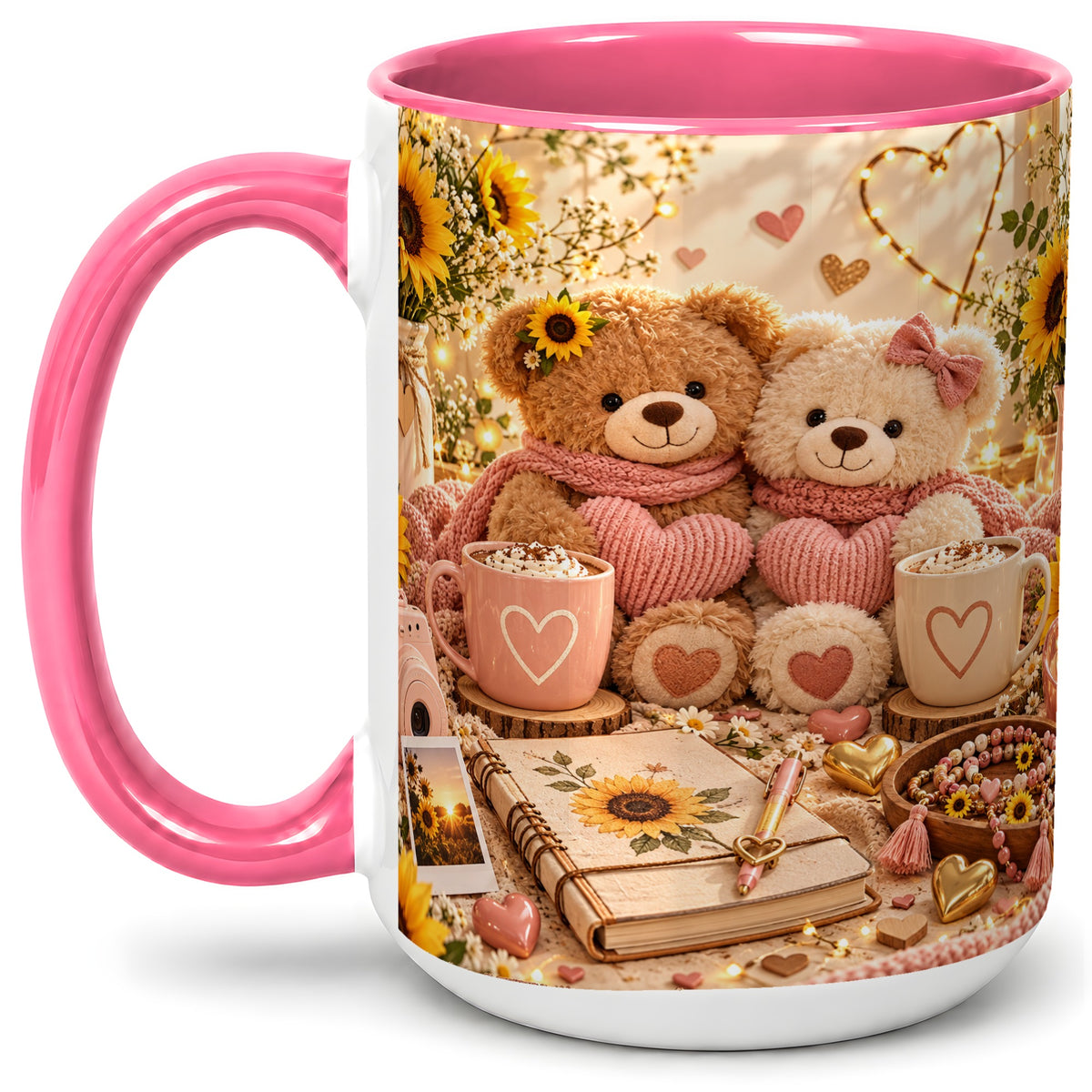 #pl[15oz|Pink] Teddy Bear Sunflower Hearts Ceramic Mug