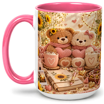 #pl[15oz|Pink] Teddy Bear Sunflower Hearts Ceramic Mug
