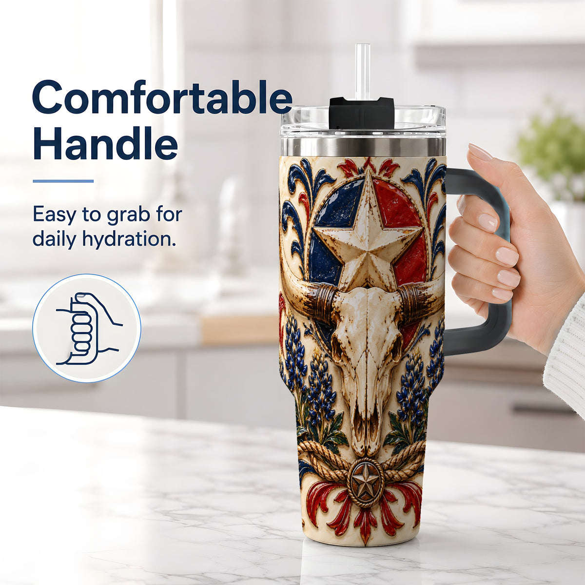 #pl[40oz|Black] Western Cattle Skull 40oz Tumbler, Star Floral Design for Western Fans