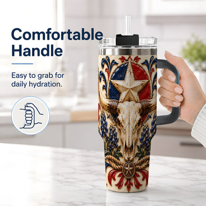 #pl[40oz|Black] Western Cattle Skull 40oz Tumbler, Star Floral Design for Western Fans
